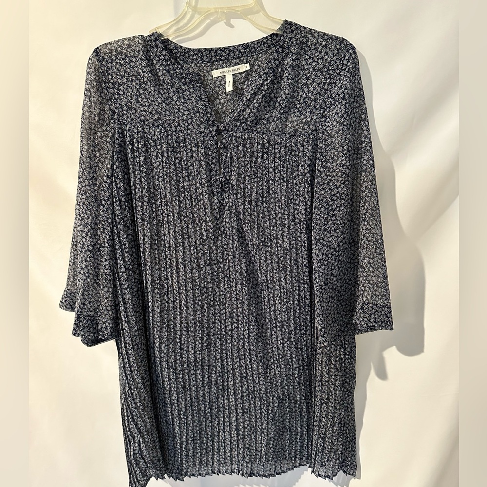Avec Les Filles; Small Microfloral Printed Pleated Shirt Flowy Shift Dress